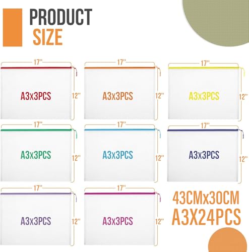 24pcs Mesh Zipper Pouch File Bags Puzzle Storage Bags, A3 Set
