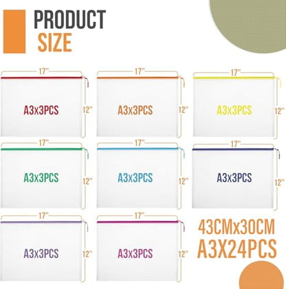 24pcs Mesh Zipper Pouch File Bags Puzzle Storage Bags, A3 Set