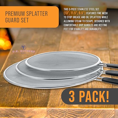 U.S. Kitchen Supply 3-Piece Stainless Steel Splatter Guard Kit